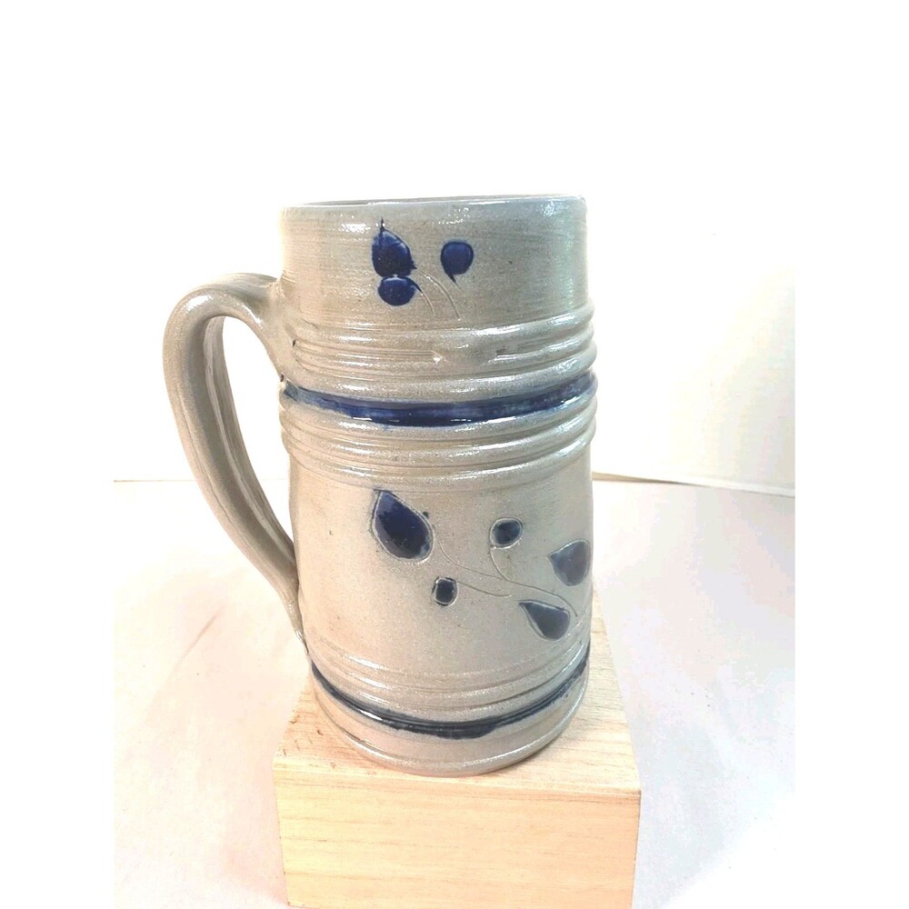 Williamburg Pottery Handmade Cobalt Salt Glaze Stoneware Mug Gray & Blue Leaf